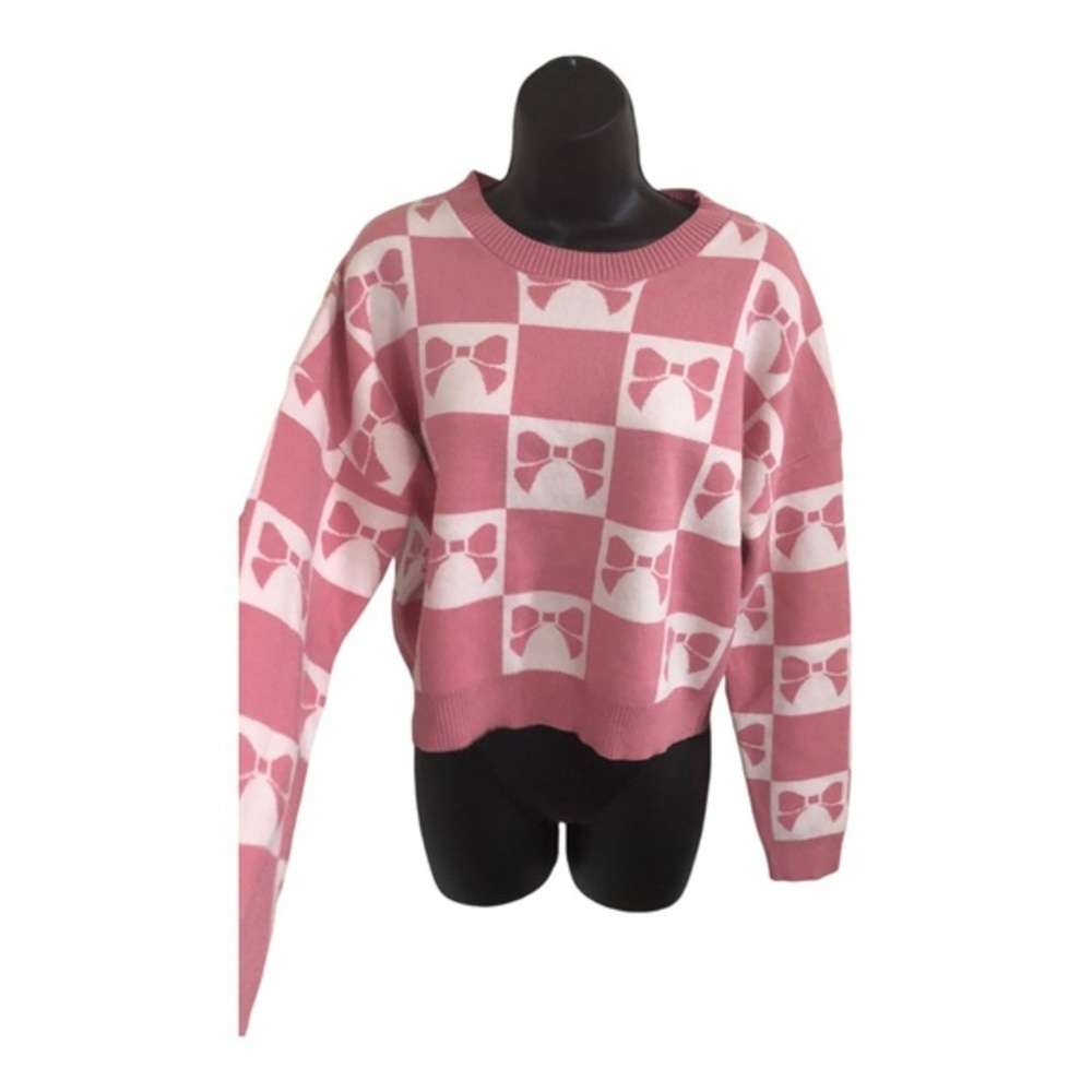 Luna Ivy pink white checkered pink bow print long sleeve sweater size Small new